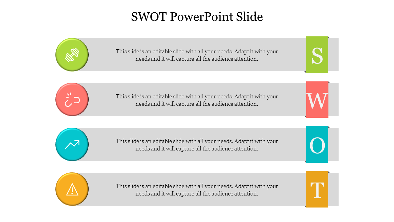 SWOT PowerPoint slide with colored icons representing Strengths, Weaknesses, Opportunities, and Threats.