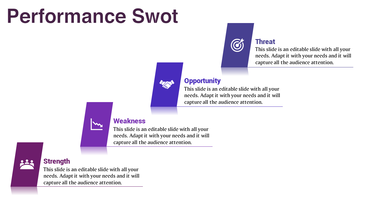 SWOT analysis with purple themed boxes, each labeled with an icon and corresponding text, displayed diagonally.