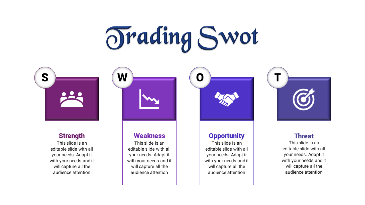 SWOT analysis slide featuring strength, weakness, opportunity, and threat icons in colorful boxes.