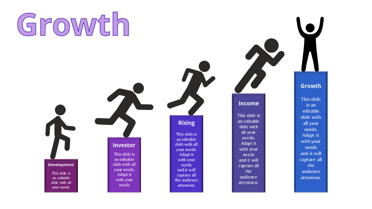 Slide illustrating stages of business growth from development to growth with accompanying figures and placeholder text.