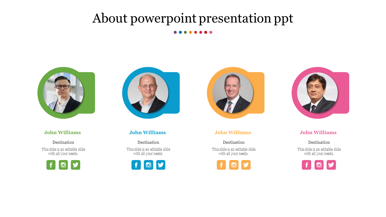 Team introduction slide with circular portraits of four individuals, each paired with social media icons.