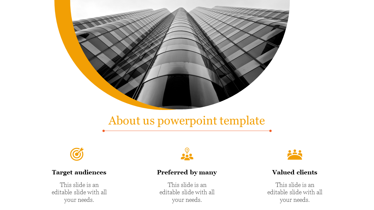 About Us slide featuring a modern building image, with three key points and placeholder text with icons.