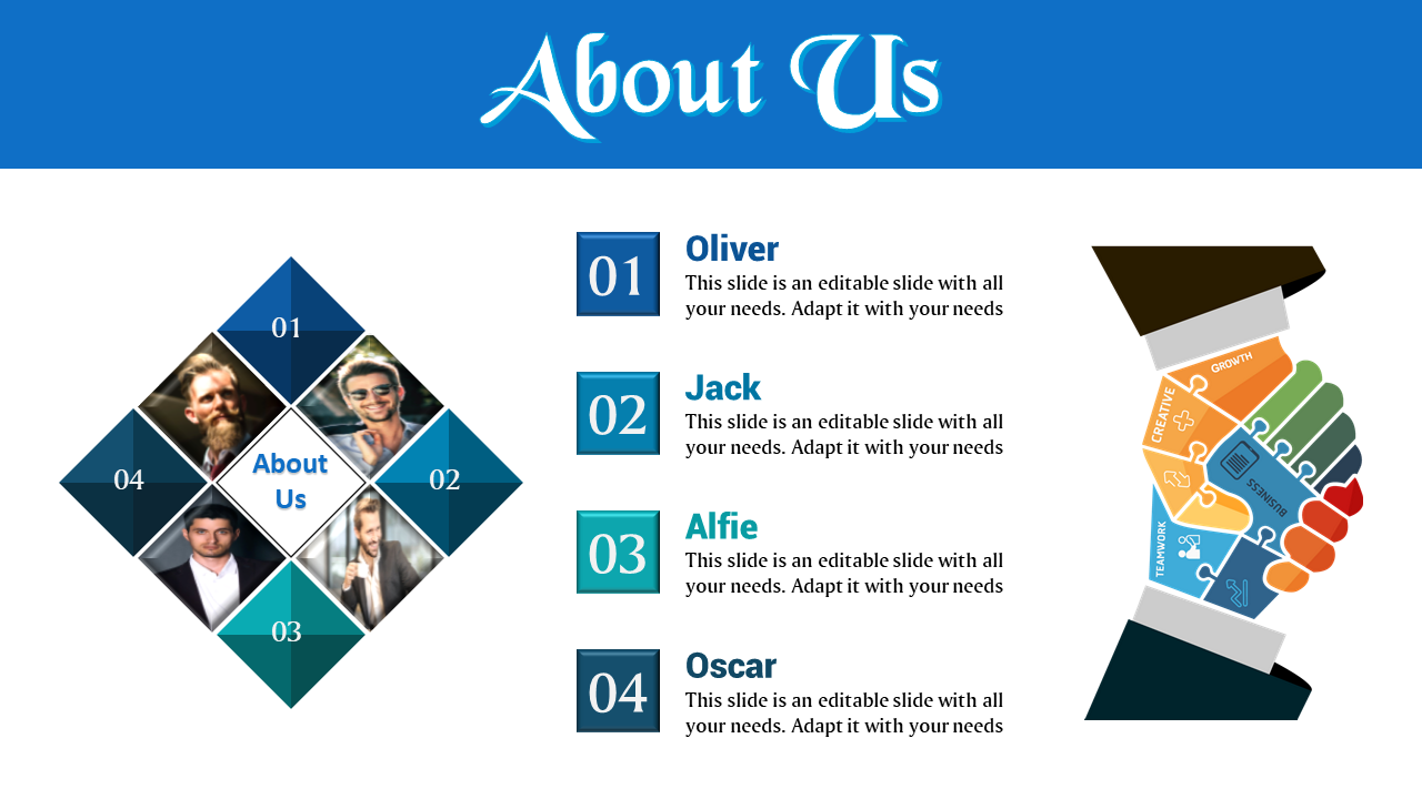 About us PPT slide with four employees Oliver, Jack, Alfie, and Oscar, each with their names and images.