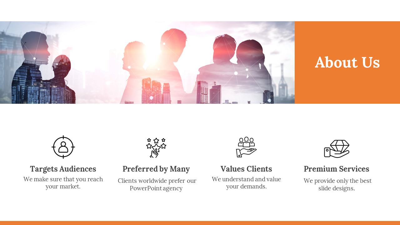 Slide shows company details from target audiences to premium services with a modern city backdrop and icons.