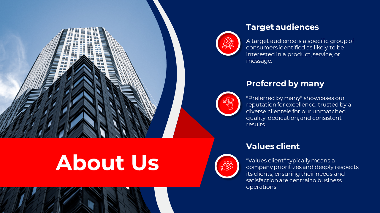 Slide featuring an image of a tall building and three icons representing target audiences, preferences, and client values.