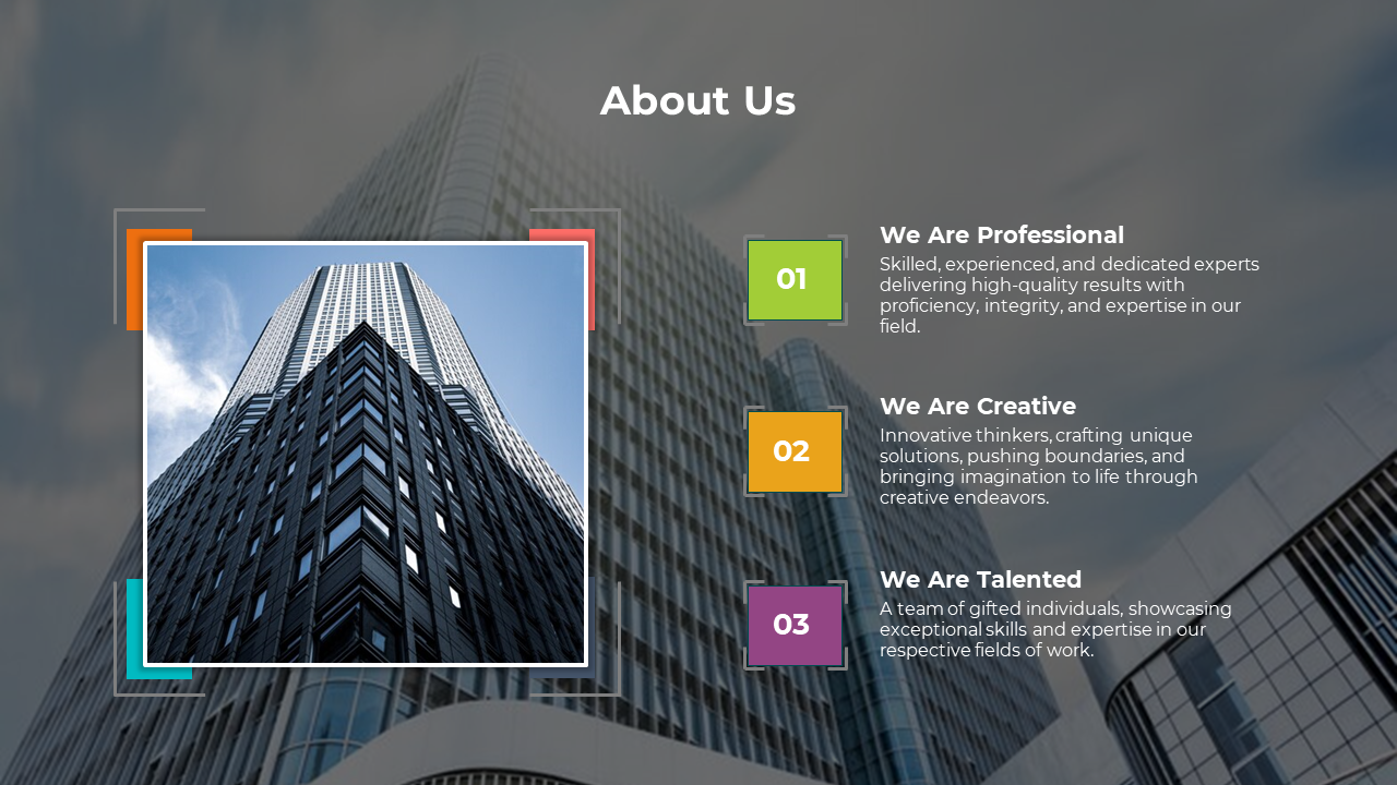 About Us slide featuring an image of a tall building and three sections with placeholder text.