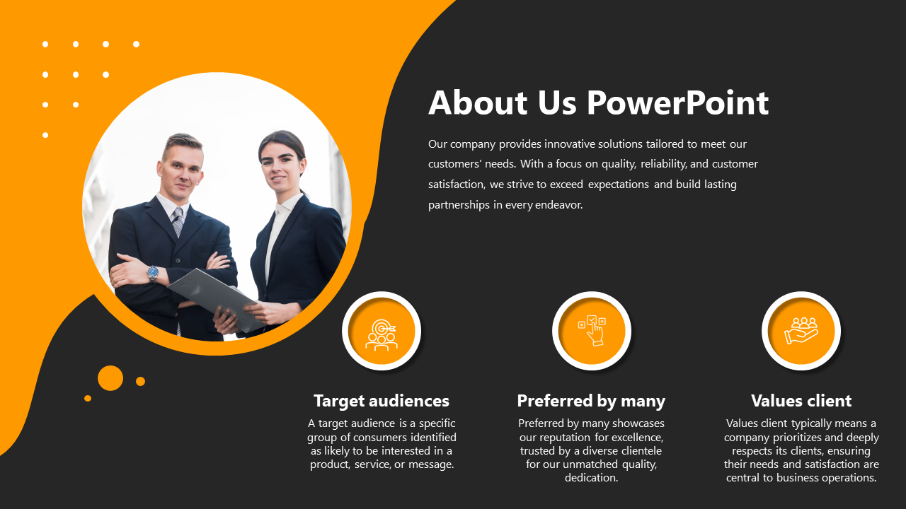 About slide featuring target audiences, preferred by many, and values clients, with images of two professionals.