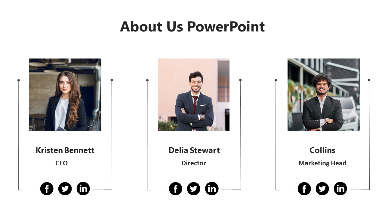 About Us PowerPoint slide featuring profiles of three team members with photos, roles, and social media icons below.