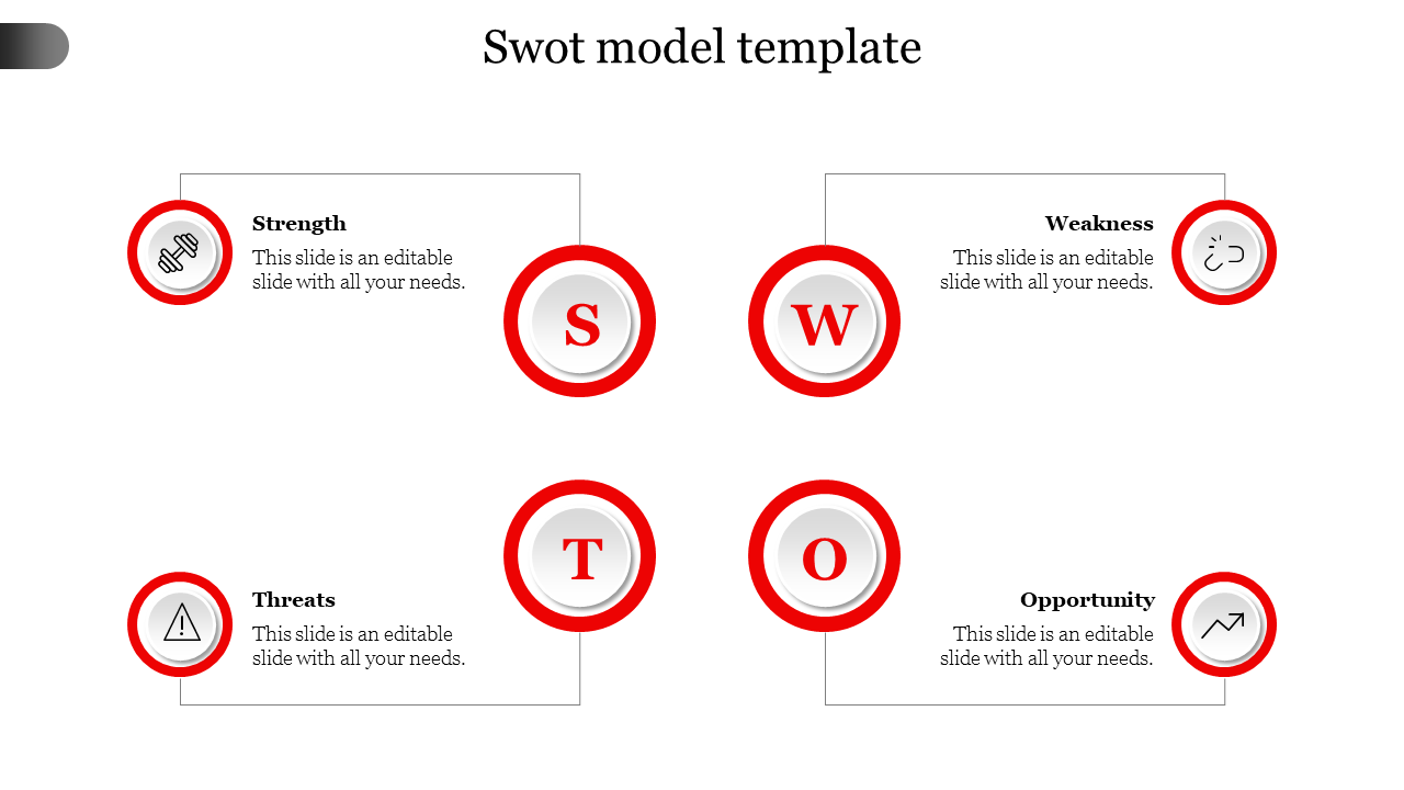 Use SWOT Model Template With Four Nodes Red Color Slide