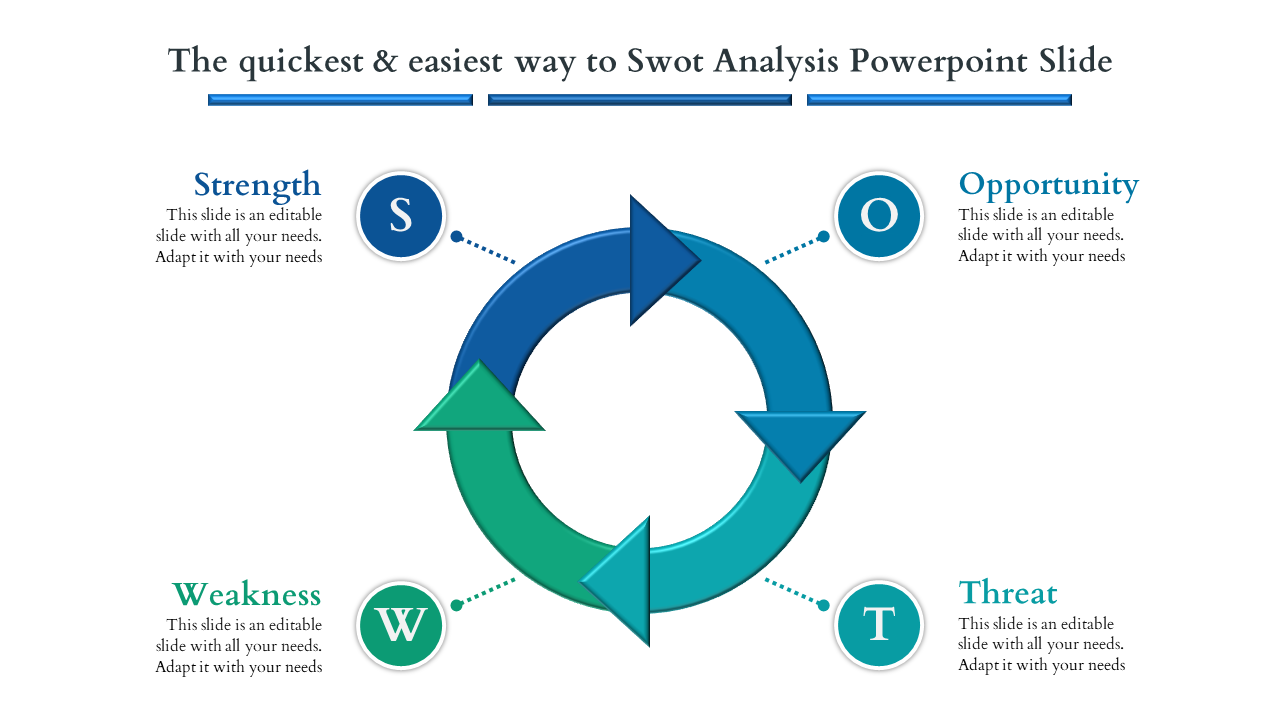 SWOT analysis PowerPoint slide featuring a circular diagram with sections for Strength, Opportunity, Weakness, and Threat.