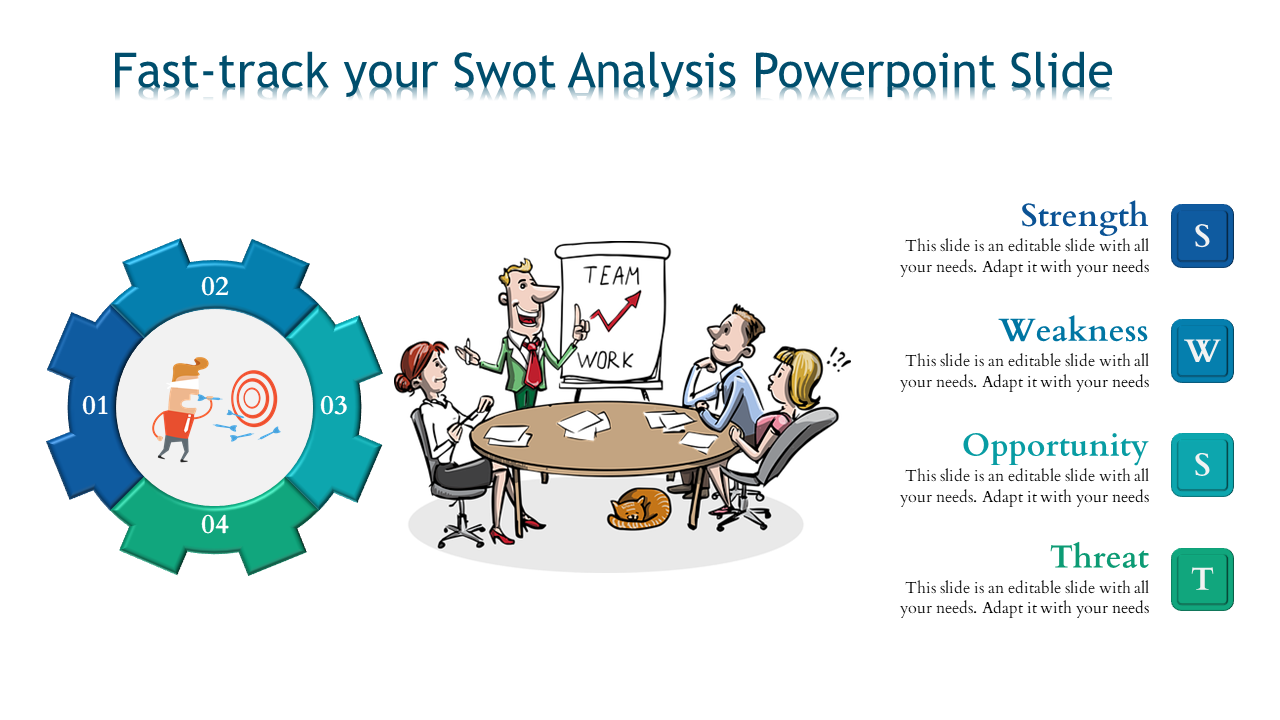 SWOT analysis slide with a gear design, featuring blue highlights, and an illustrated group discussing around a table.