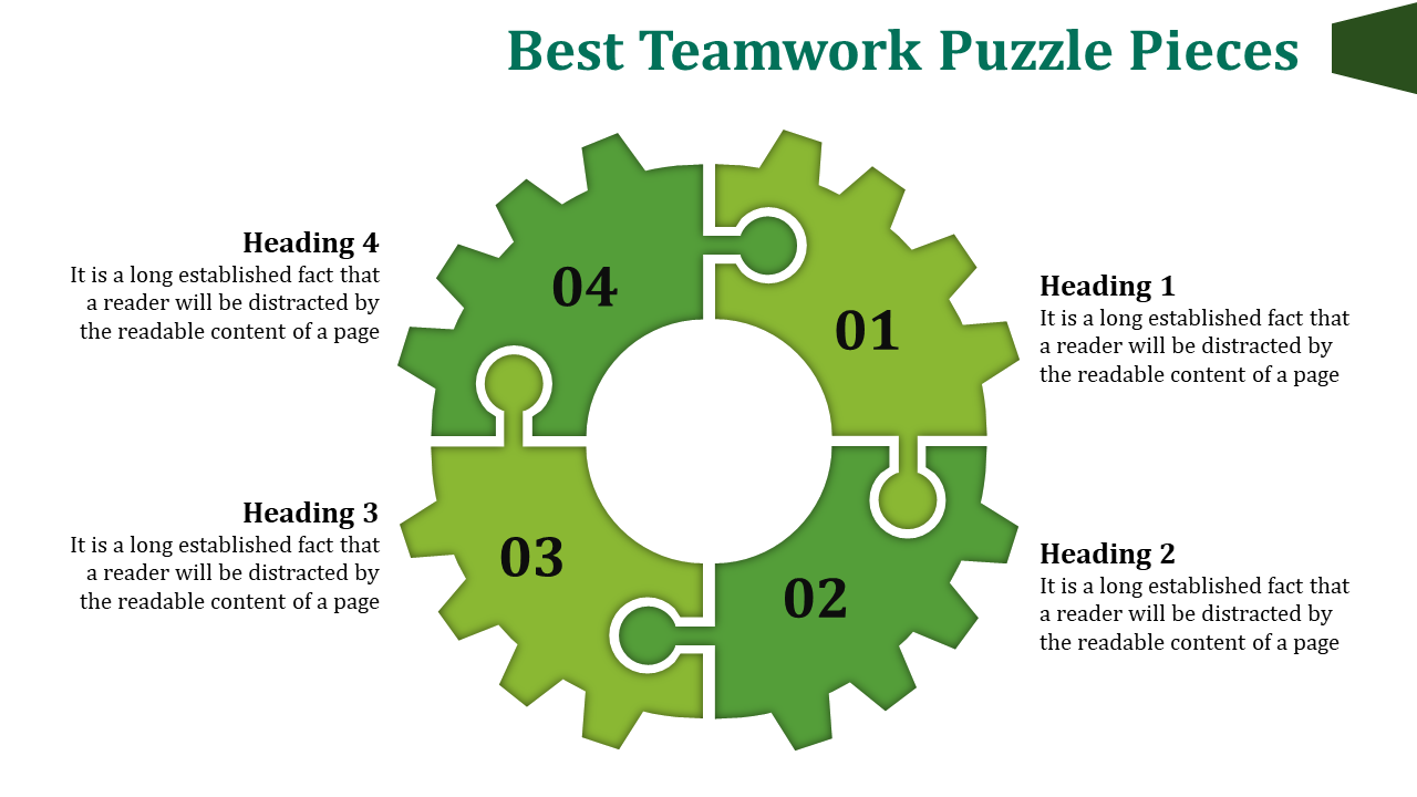 Green gear shaped puzzle with four connected pieces numbered 01 to 04, and text areas placed around it.