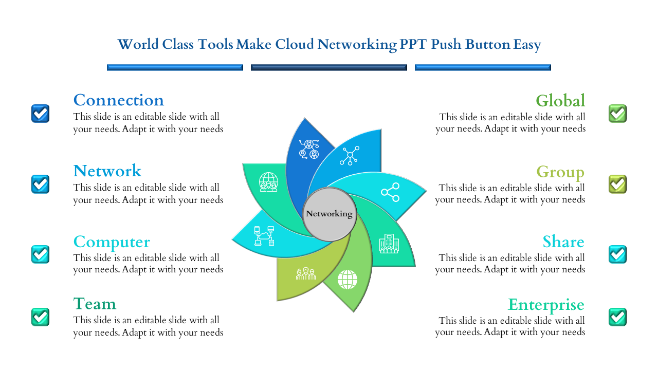 Cloud networking tools in a petal-shaped layout, including labels like network, computer, global, and team, with checkmarks. 