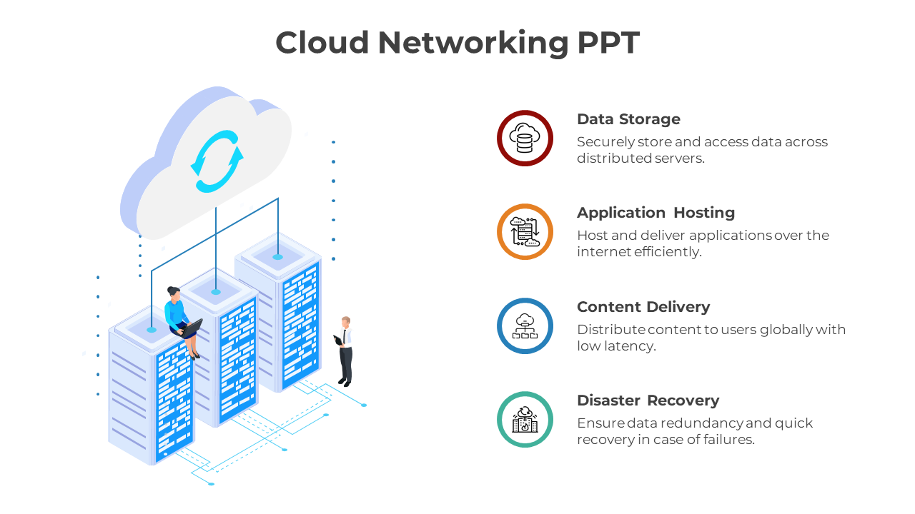 A template highlighting cloud networking topics, with an image of data servers linked to a cloud.