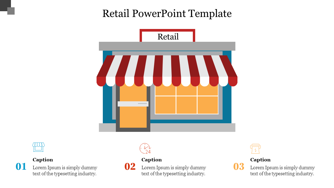 Illustration of a retail store with a red-striped awning and three caption areas below featuring icons and placeholder text.