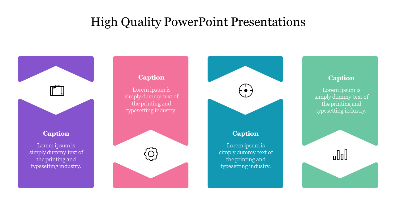 Four vertical cards in purple, pink, teal, and green with icons and captions, showcasing a clean powerpoint layout.