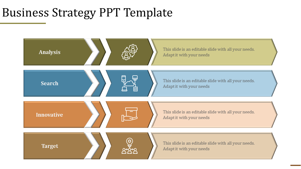 Slide with layered chevron shapes in green, blue, orange, and brown, showcasing business strategy concepts and icons.