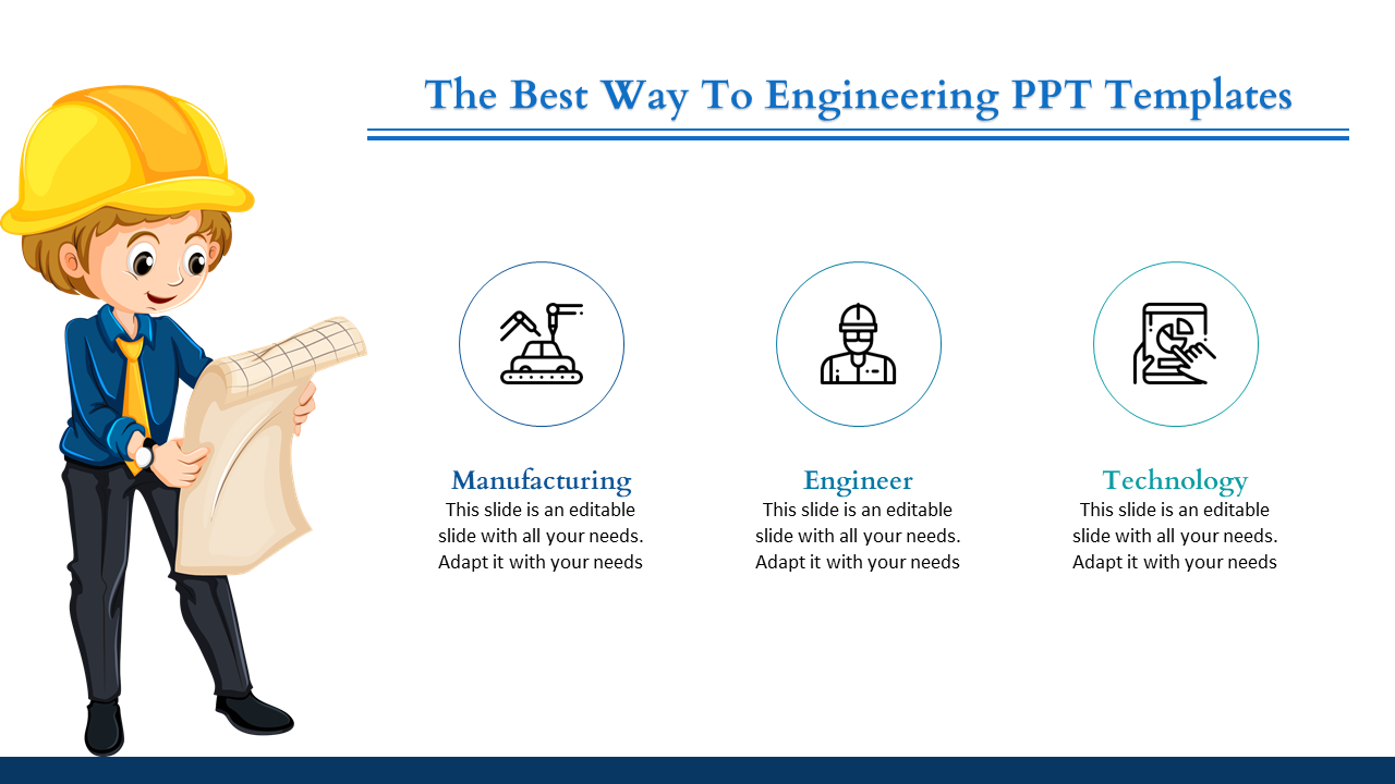 Illustration of an engineer in a hard hat holding a blueprint with three circular icons with labels on the right.