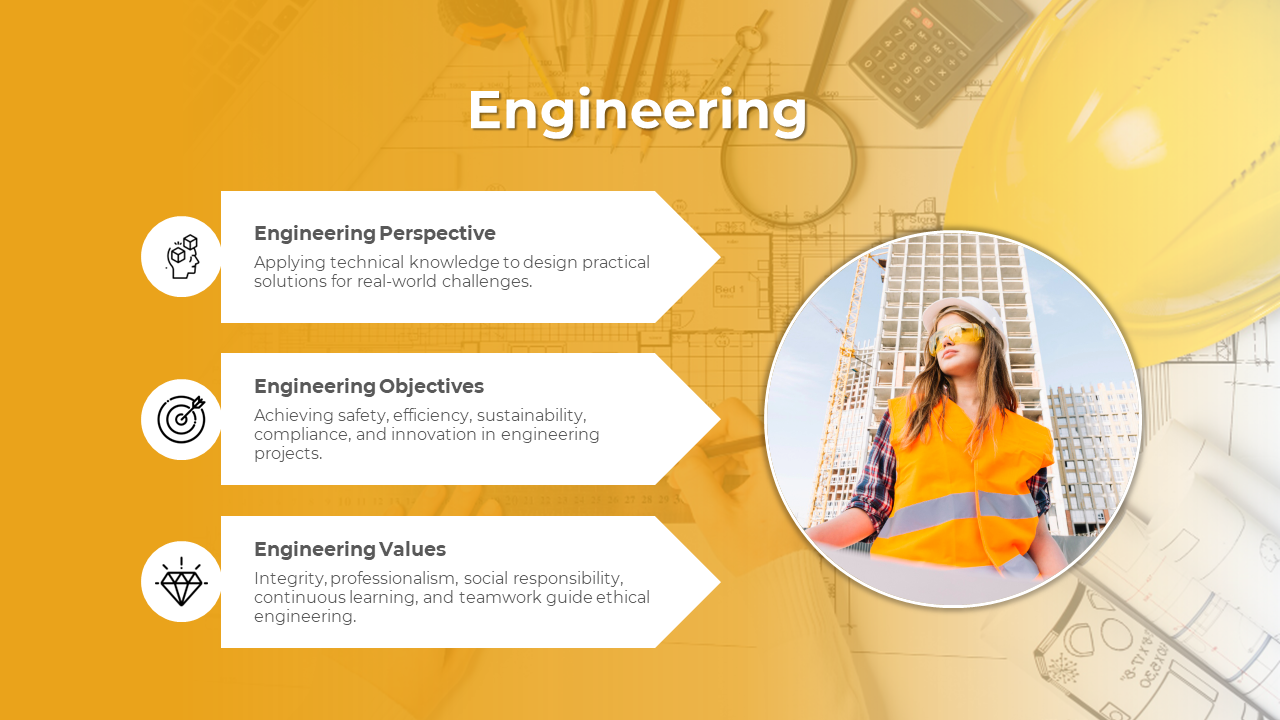 Three white arrows listing topics and a circular image of a woman in a construction site, on a yellow gradient background.