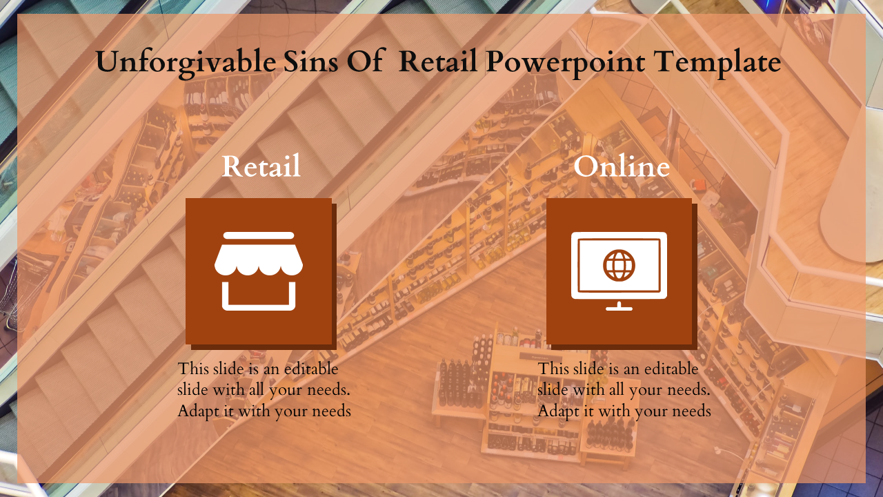 Retail versus online comparison in a PowerPoint template, highlighting retail and online business strategies with icons.