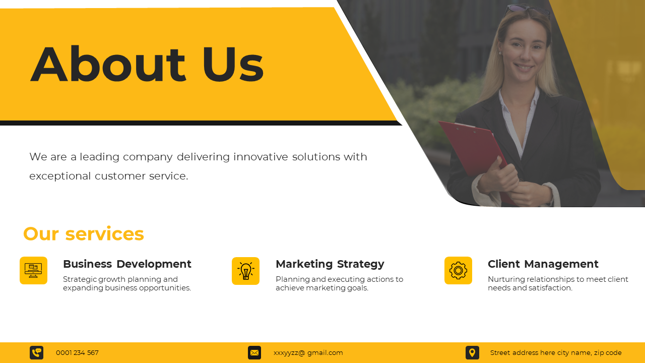 About Us slide with a smiling professional and icons for business development to client management services.