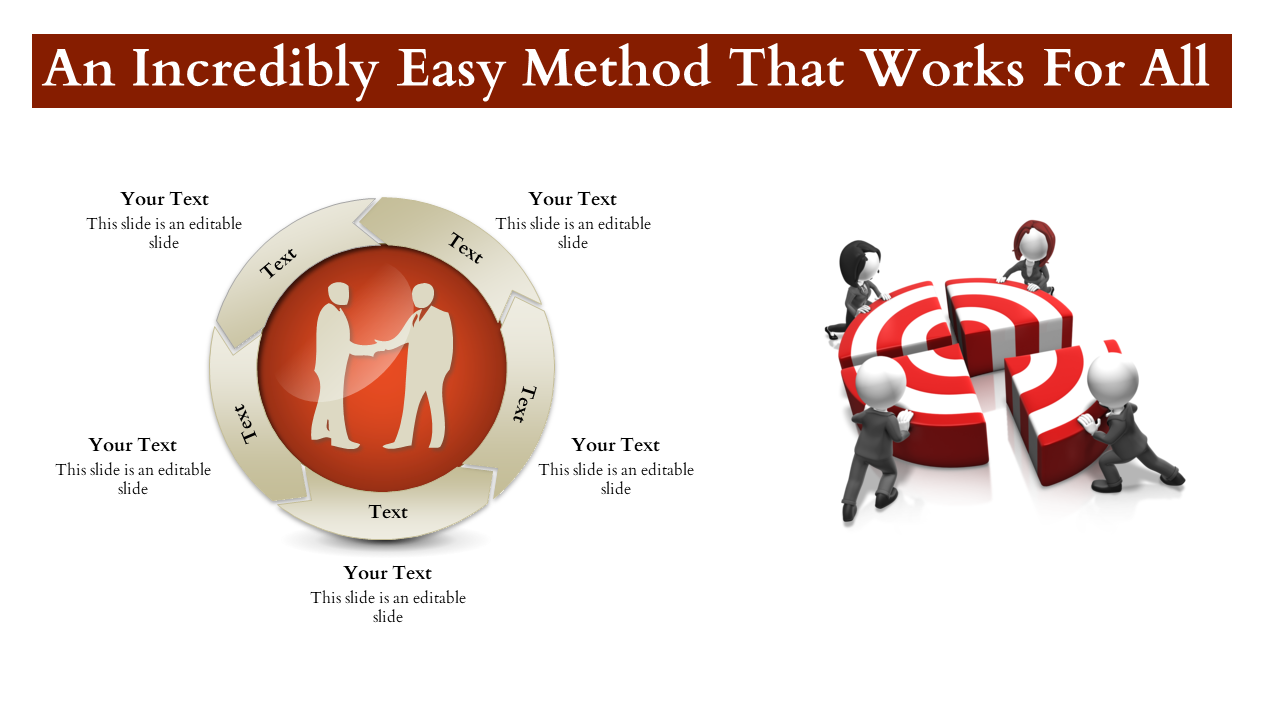 Network themed circular diagram with text placeholders and 3D characters working together to complete a red target.