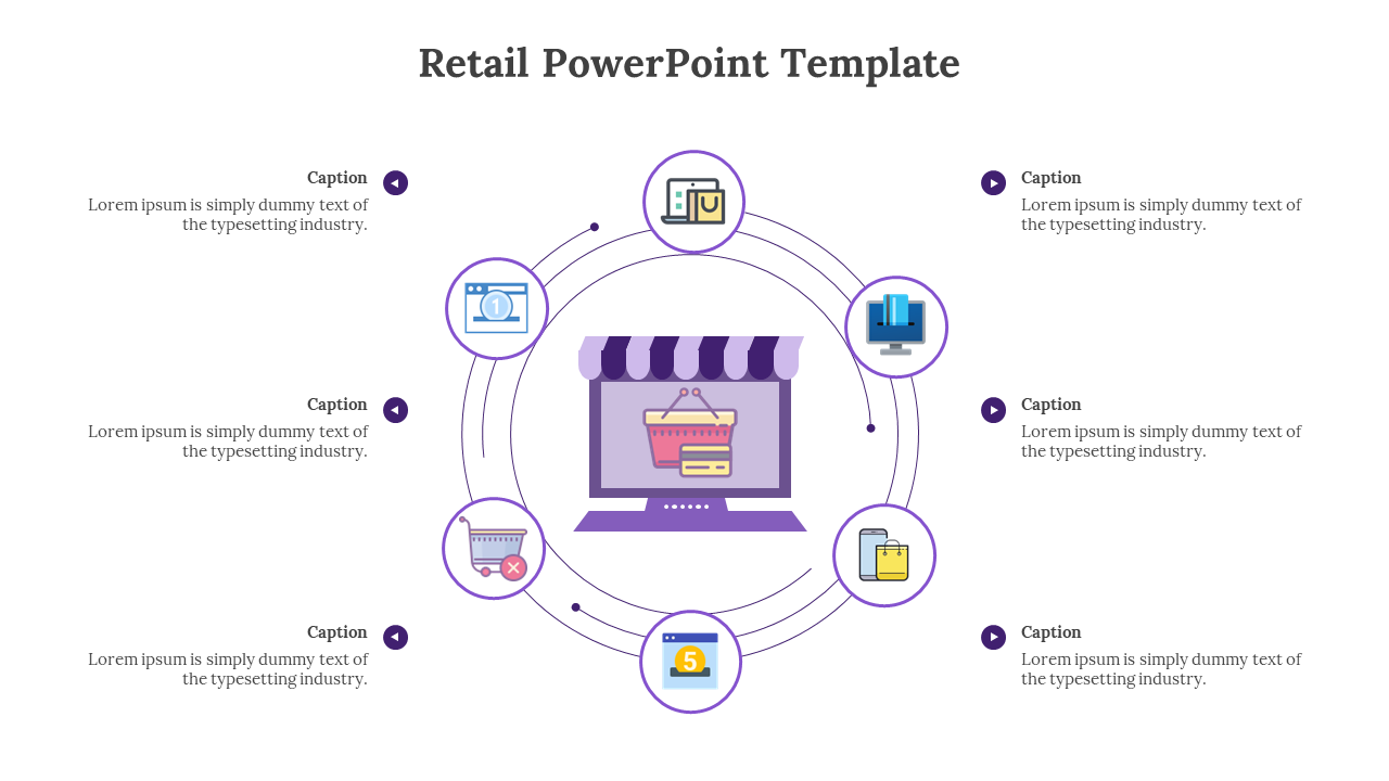 Retail PowerPoint slide featuring icons for shopping cart, online store, and various retail elements with circular flow.