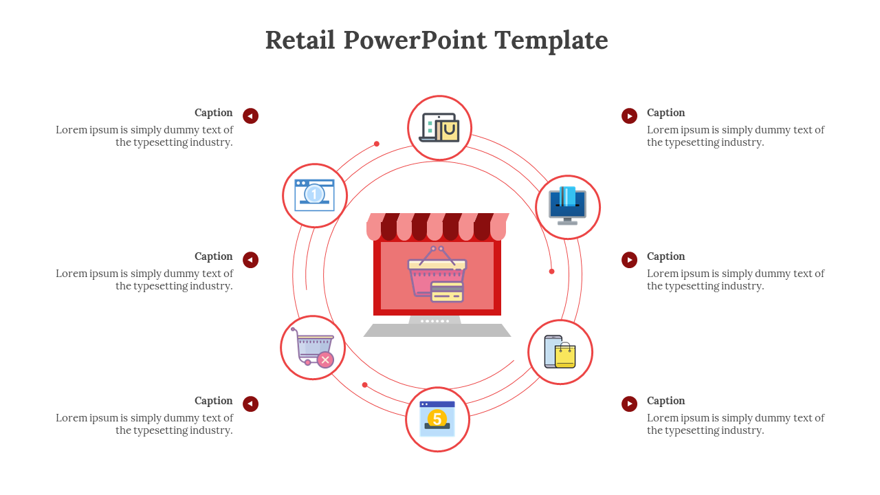 A slide with a retail shop illustration, surrounded by various business-related icons and caption areas.