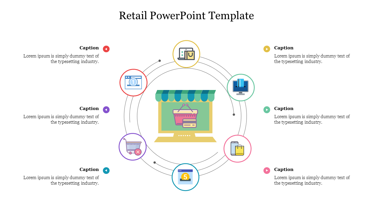 Retail-themed slide with a central shopping icon surrounded by circular icons representing retail concepts.