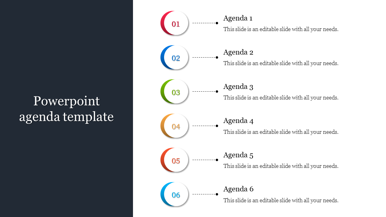 Agenda slide with six numbered sections, each labeled with Agenda 1 to Agenda 6, in colorful circles with placeholder text.