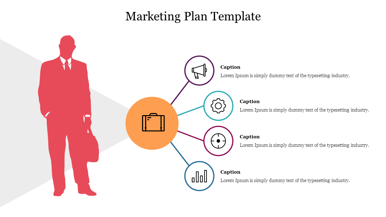 Visual representation of a marketing plan process with five vibrant diamond segments connected in sequence.