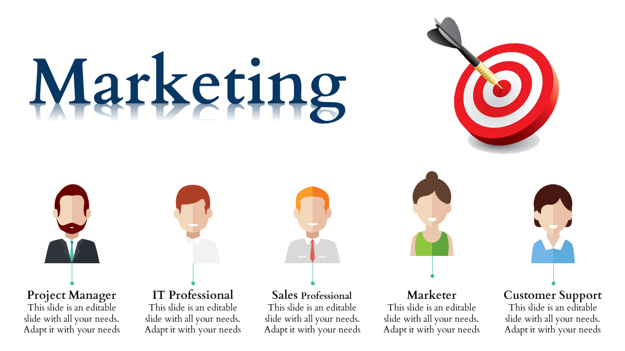 Marketing slide with character icons for team roles and a target icon with an arrow on the right.