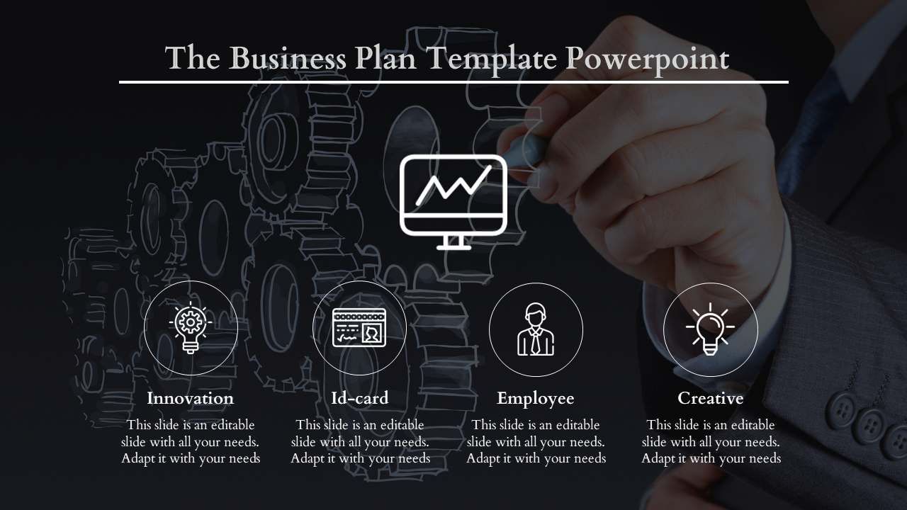 Business plan template featuring icons for innovation, employee, ID card, and creativity, with mechanical gears.