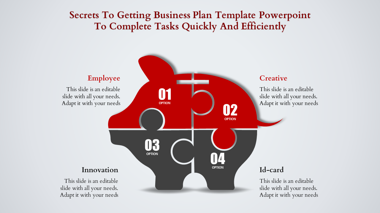 Red and gray piggy bank diagram split into four numbered puzzle pieces, for business concepts on a light background.