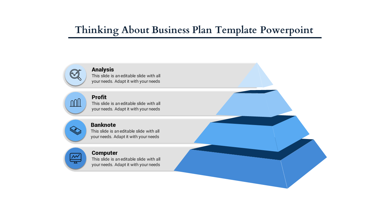 Four layered 3D pyramid infographic in blue shades, paired with icons and captions on the left.