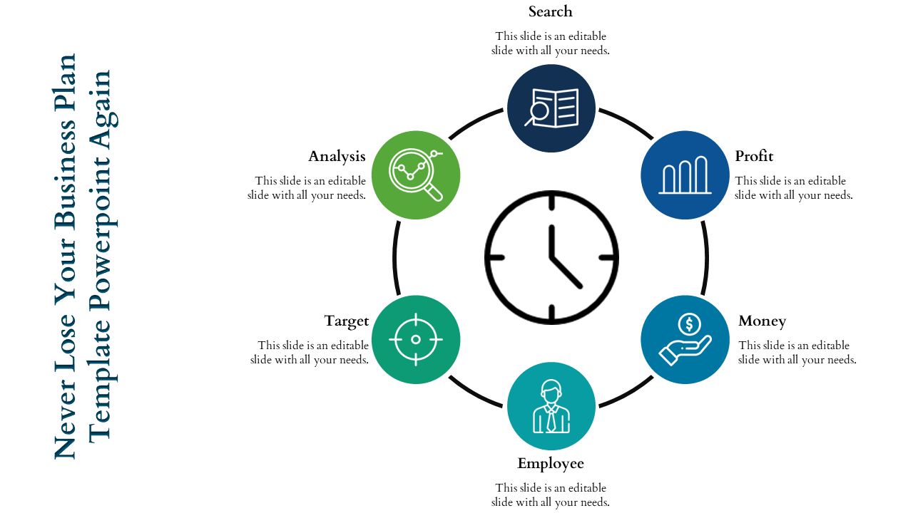 Circular business plan PowerPoint template featuring icons for search, analysis, profit, money, employee, and target.