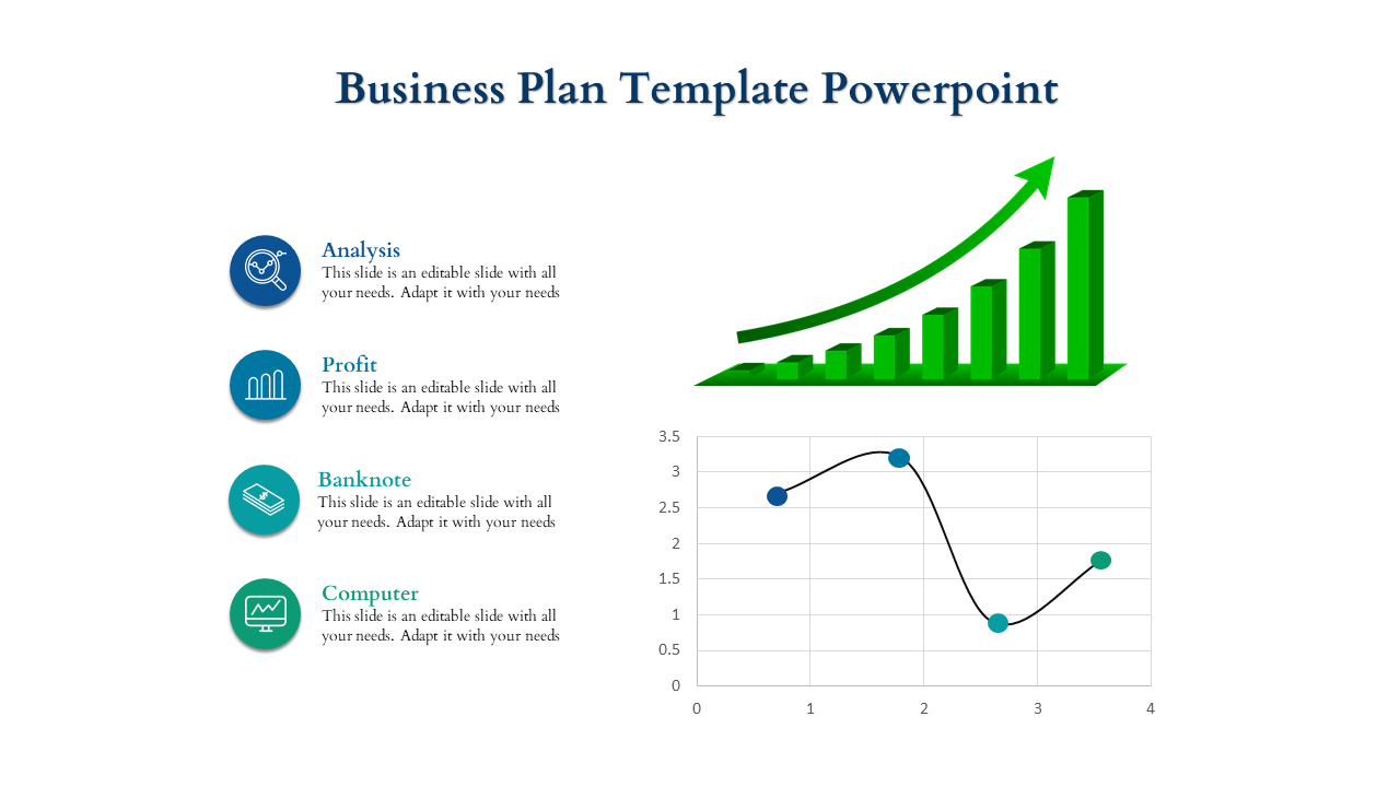 Business plan PowerPoint template with icons for analysis, profit, banknote, and computer along with a graph.