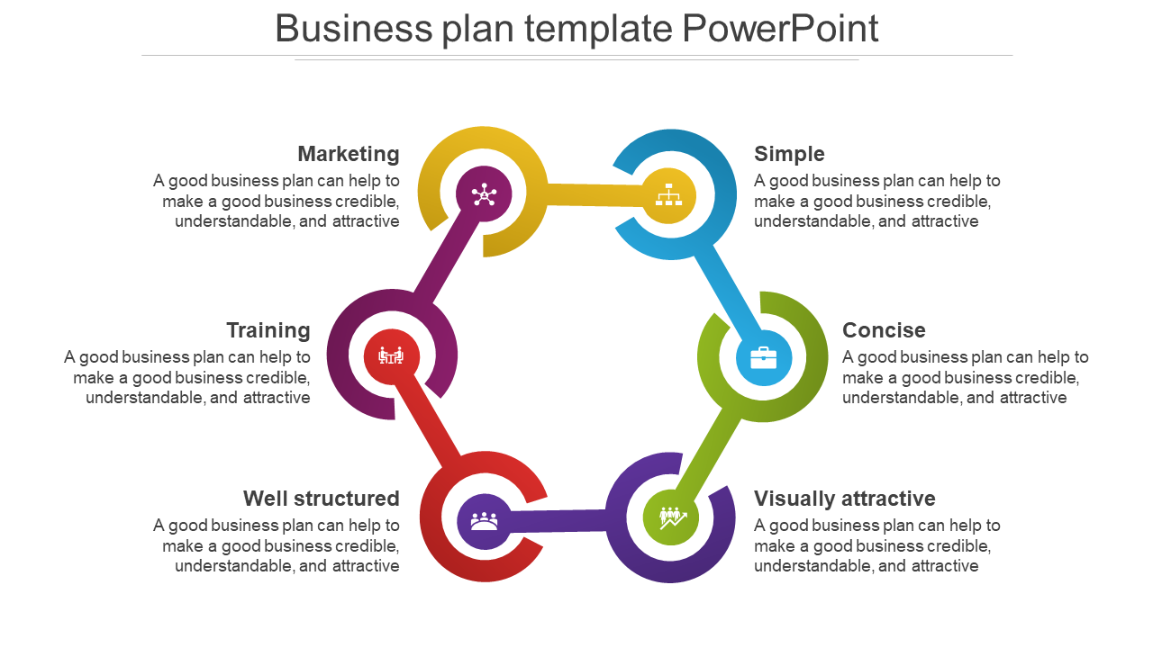 Multi-colored hexagonal flowchart with six interconnected labels emphasizing business elements.