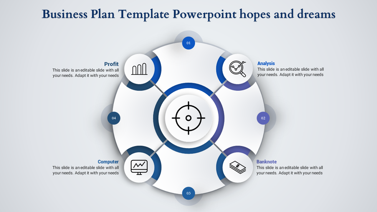 Circular business plan diagram with four labeled segments featuring icons for analysis, profit, and technology.