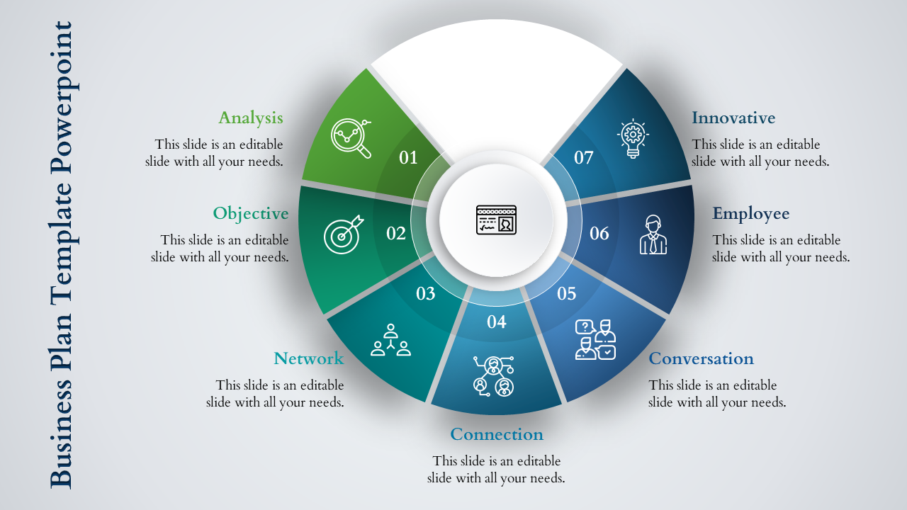 Circular business plan PowerPoint slide with seven sections from analysis to innovative with icons and placeholder text.