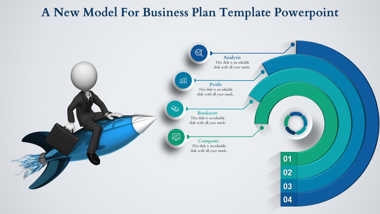 Business infographic with a layered concentric circle design showing four steps, alongside a figure riding a blue rocket.