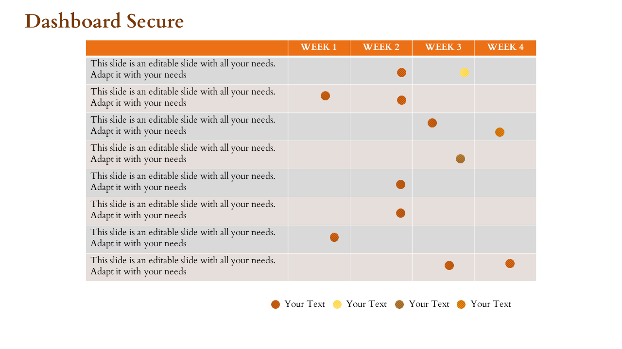 Dashboard layout featuring a table with orange headers for weeks and color coded dots in rows for tracking progress.