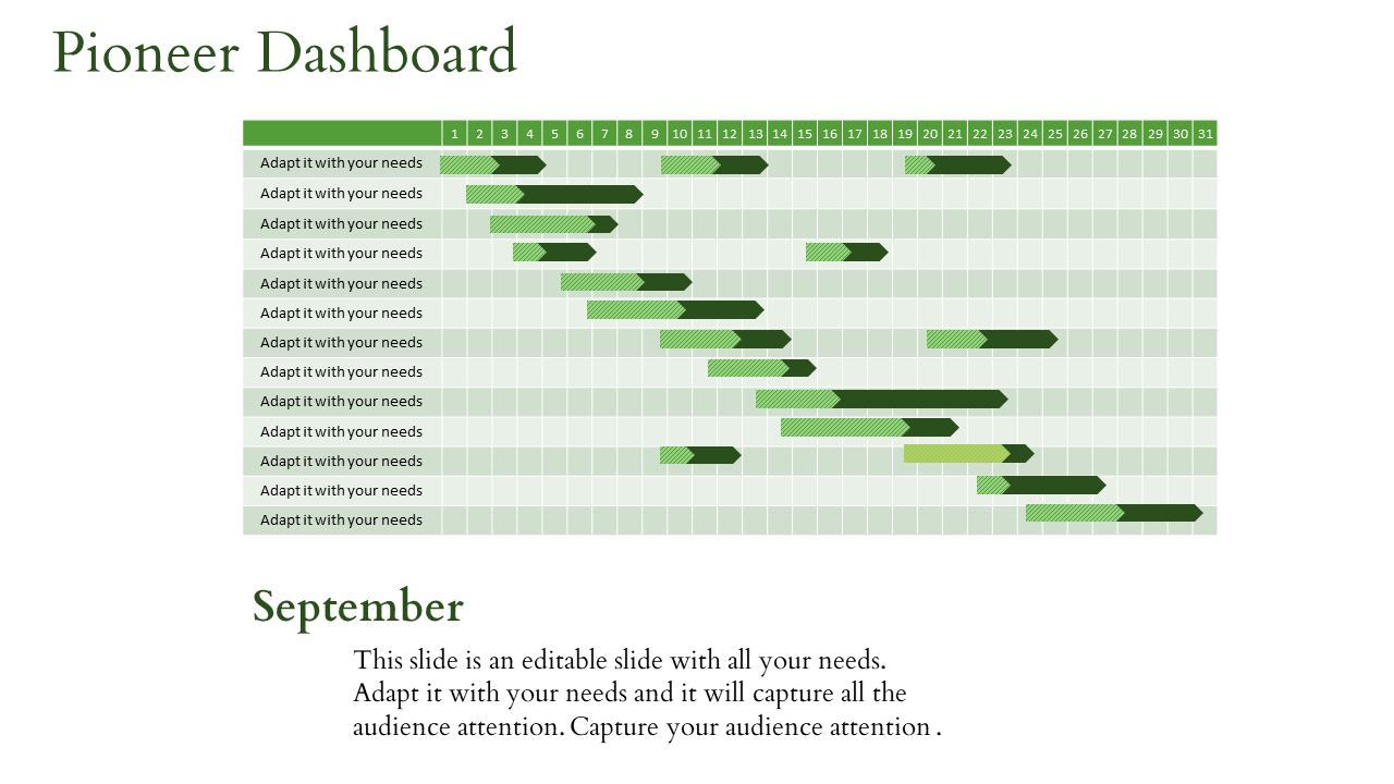 Gantt chart layout with green shaded arrows across a grid, highlighting tasks and timelines in labeled rows and columns.