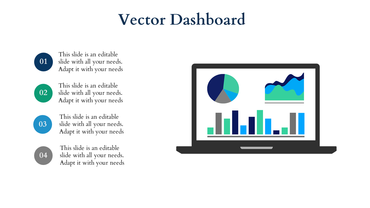 Business PowerPoint slide featuring a laptop displaying pie charts, bar graphs, and line charts for data visualization.