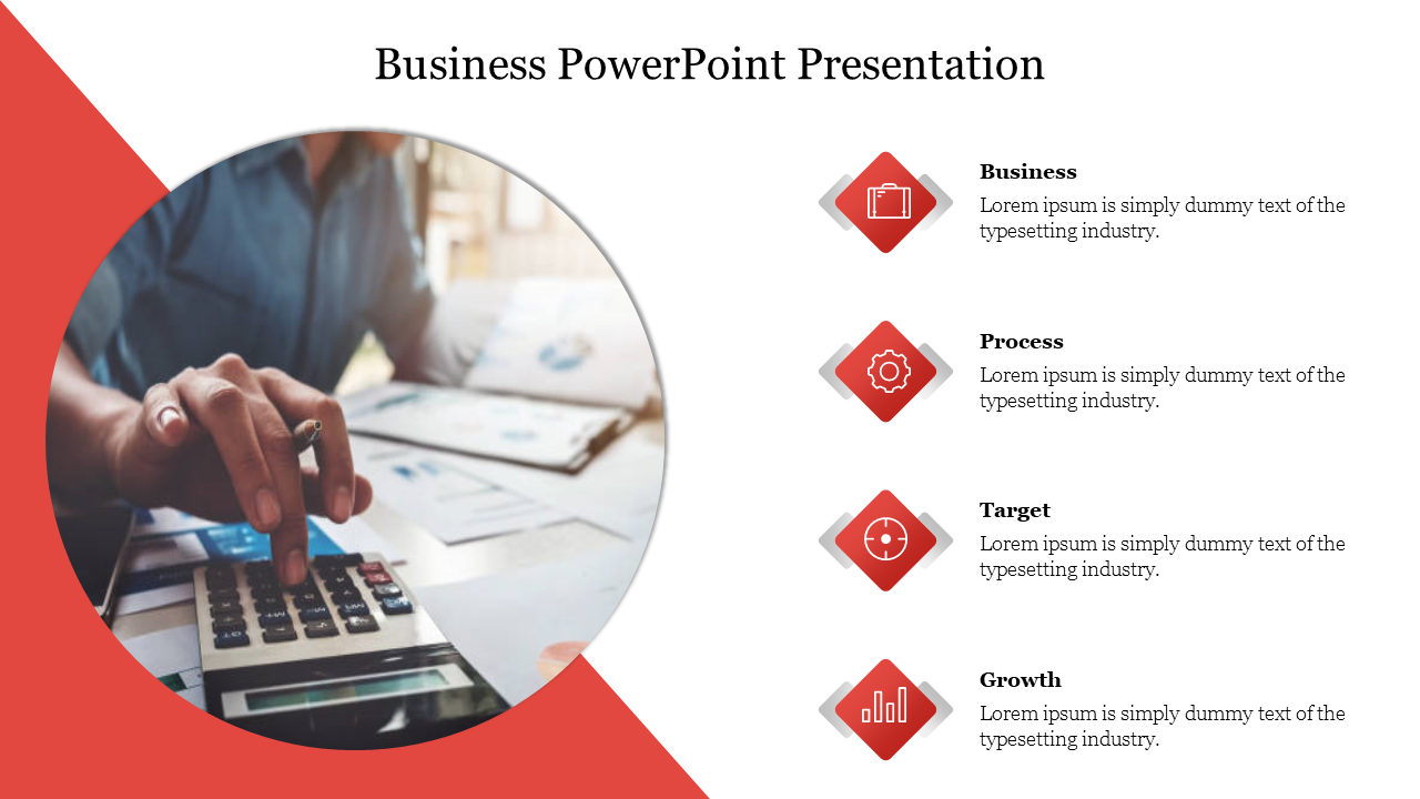 Business PowerPoint slide with a focus on financial planning, featuring a circular image and four red icons with labels.