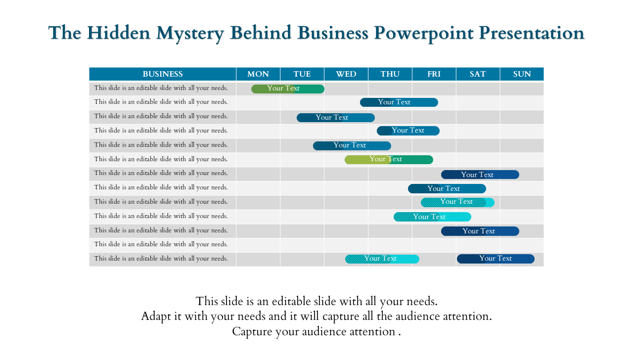 Business table layout showing rows of tasks and columns for days of the week with colored text bars.