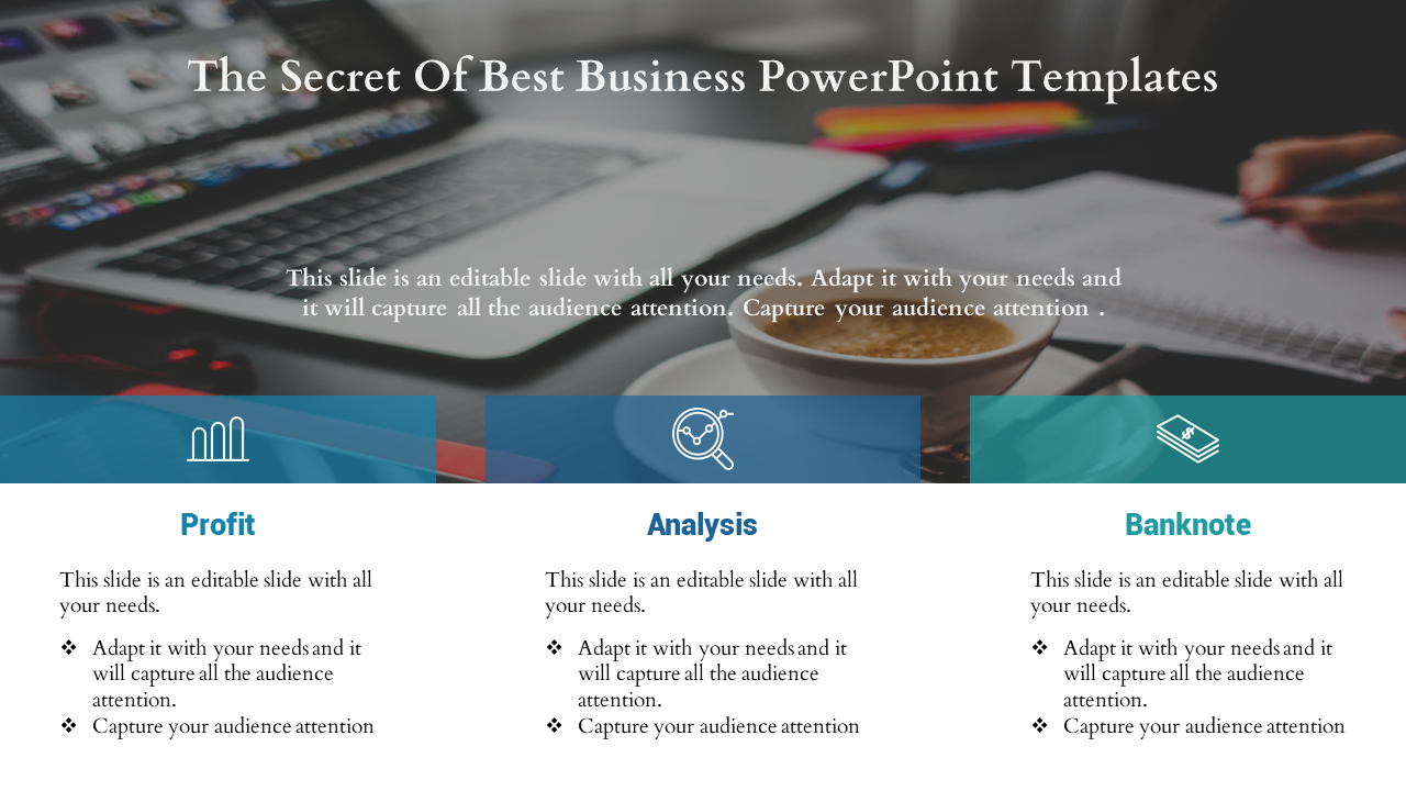 Business PowerPoint template showcasing sections for Profit, Analysis, and Banknote with a professional background image.