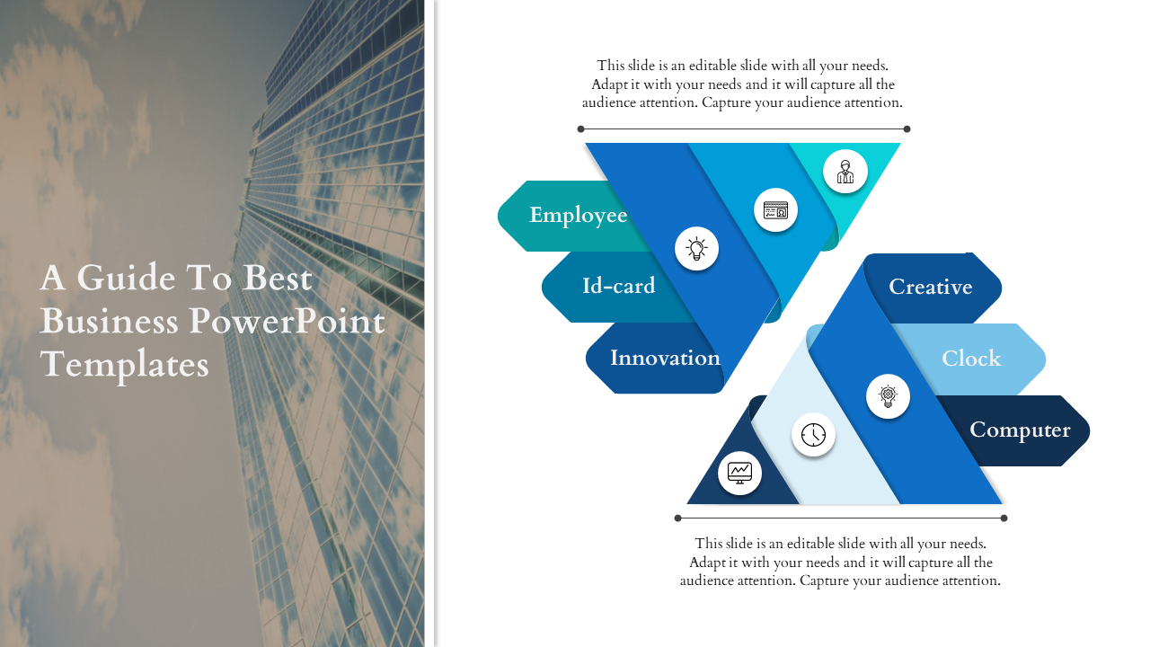 Blue and teal dual funnel infographic displaying business-related terms,with icons and caption areas for concepts. 