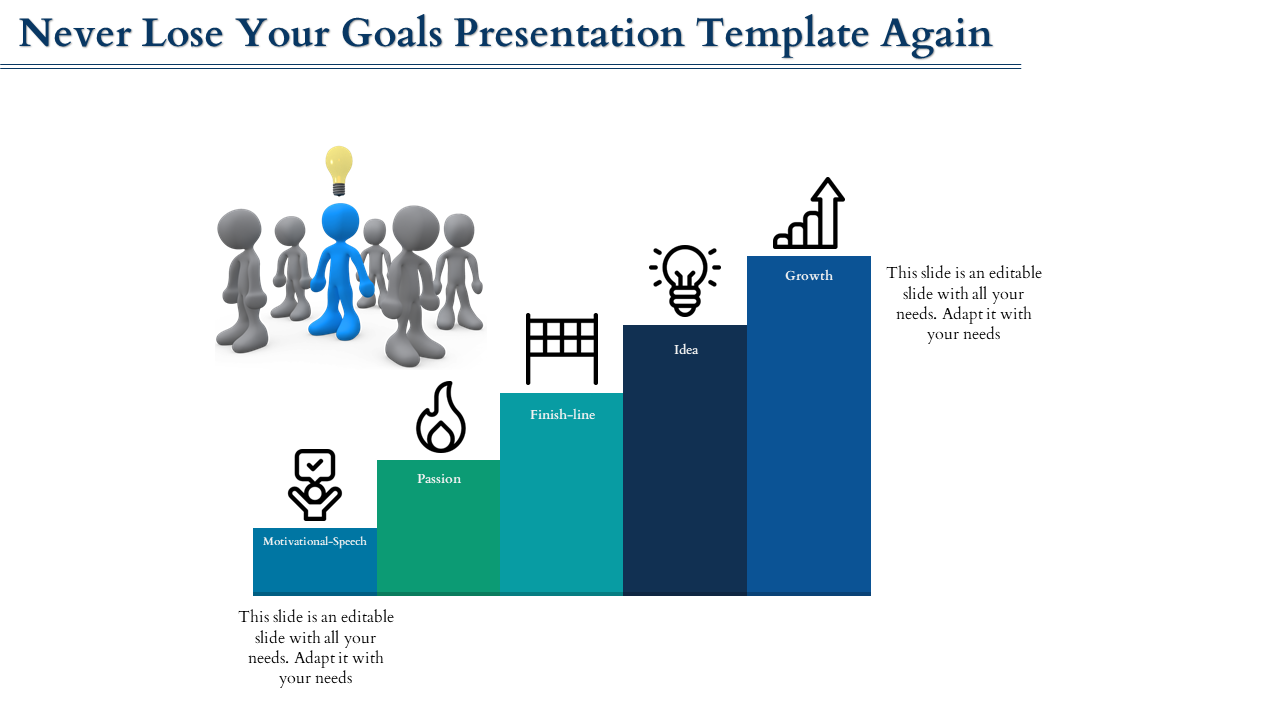 Goal achievement template with steps from motivational speech to growth, each level with icons and placeholder text areas.