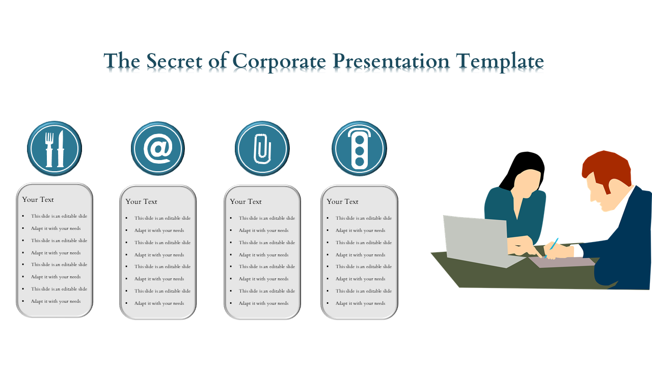 Corporate themed slide with four sections and an illustration of two people collaborating on a document with icons.